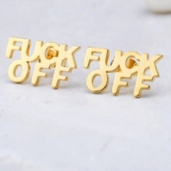 Gold Stainless Steel Letter Stud F*uck Off Earrings - Picture 1 of 4